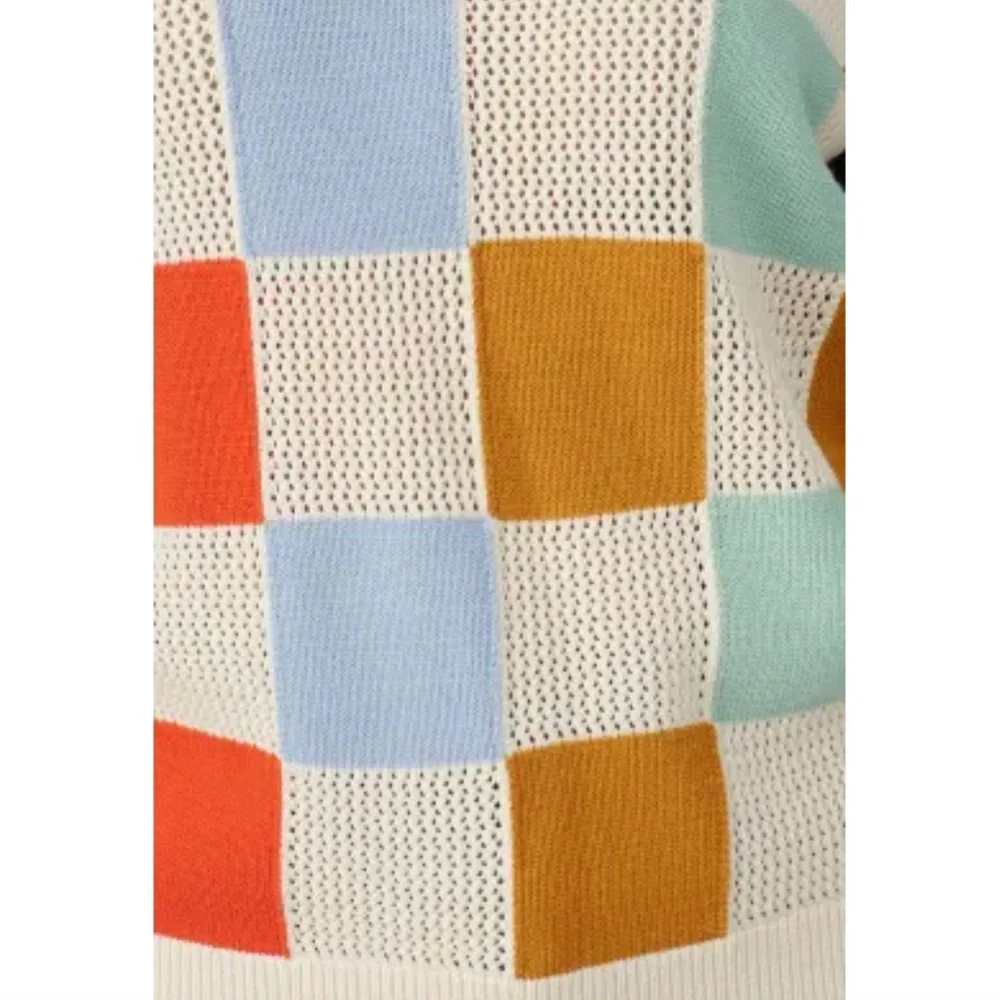 Tory Sport Colorblock Checker Knit Sweater in Ivory, Blue, Mustard & Coral - Picture 4 of 8